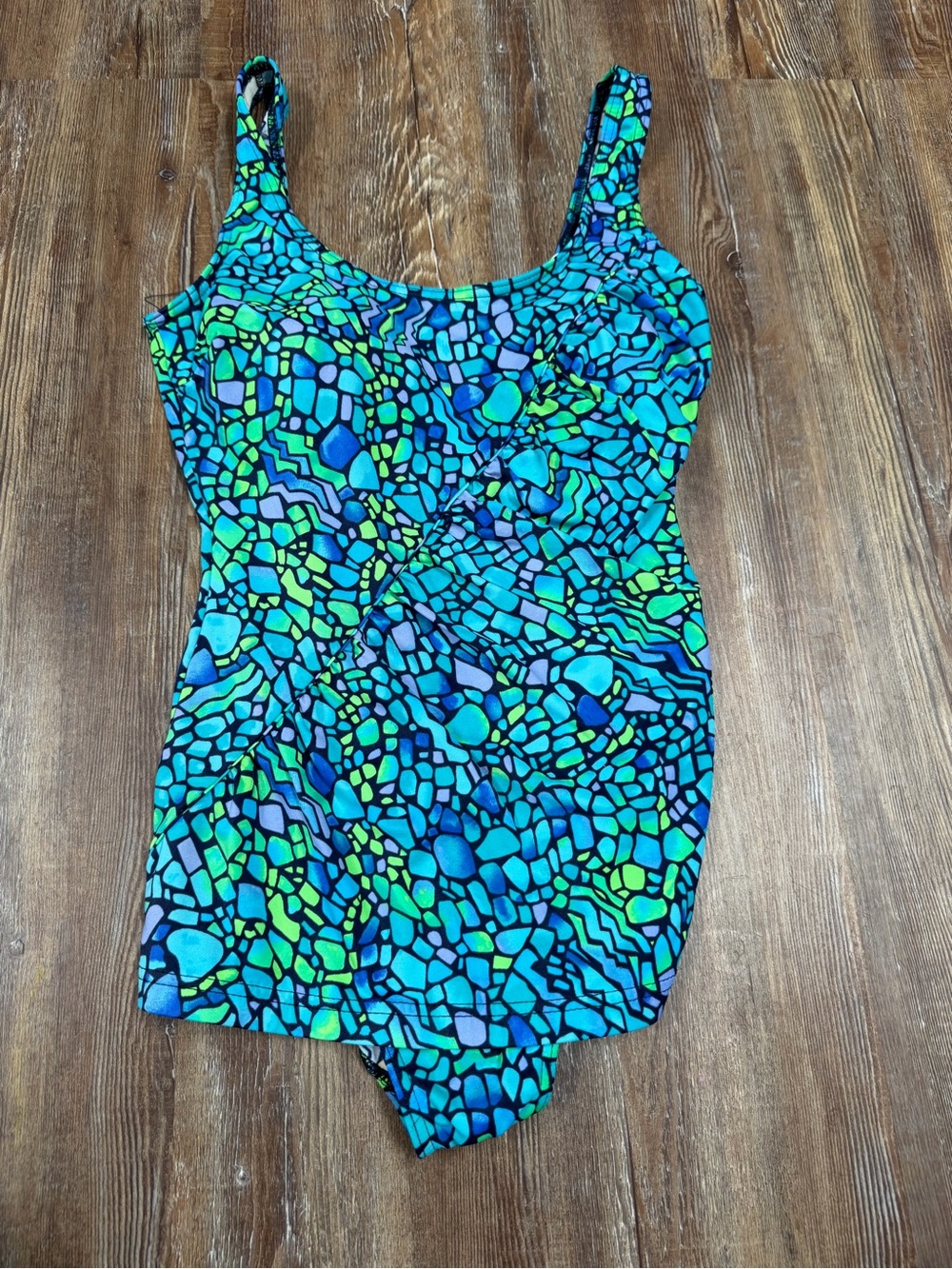Vintage 90s Blue and green mosaic pattern one piece swimsuit in a size 12